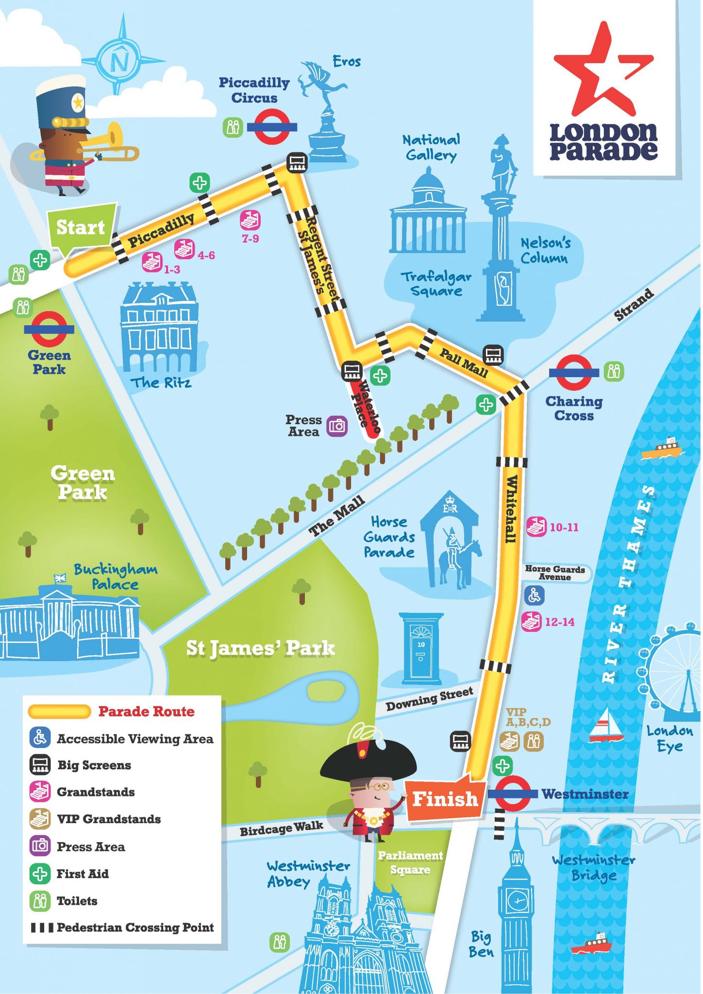 Illustrated map of the London Parade route showing key landmarks and viewing areas